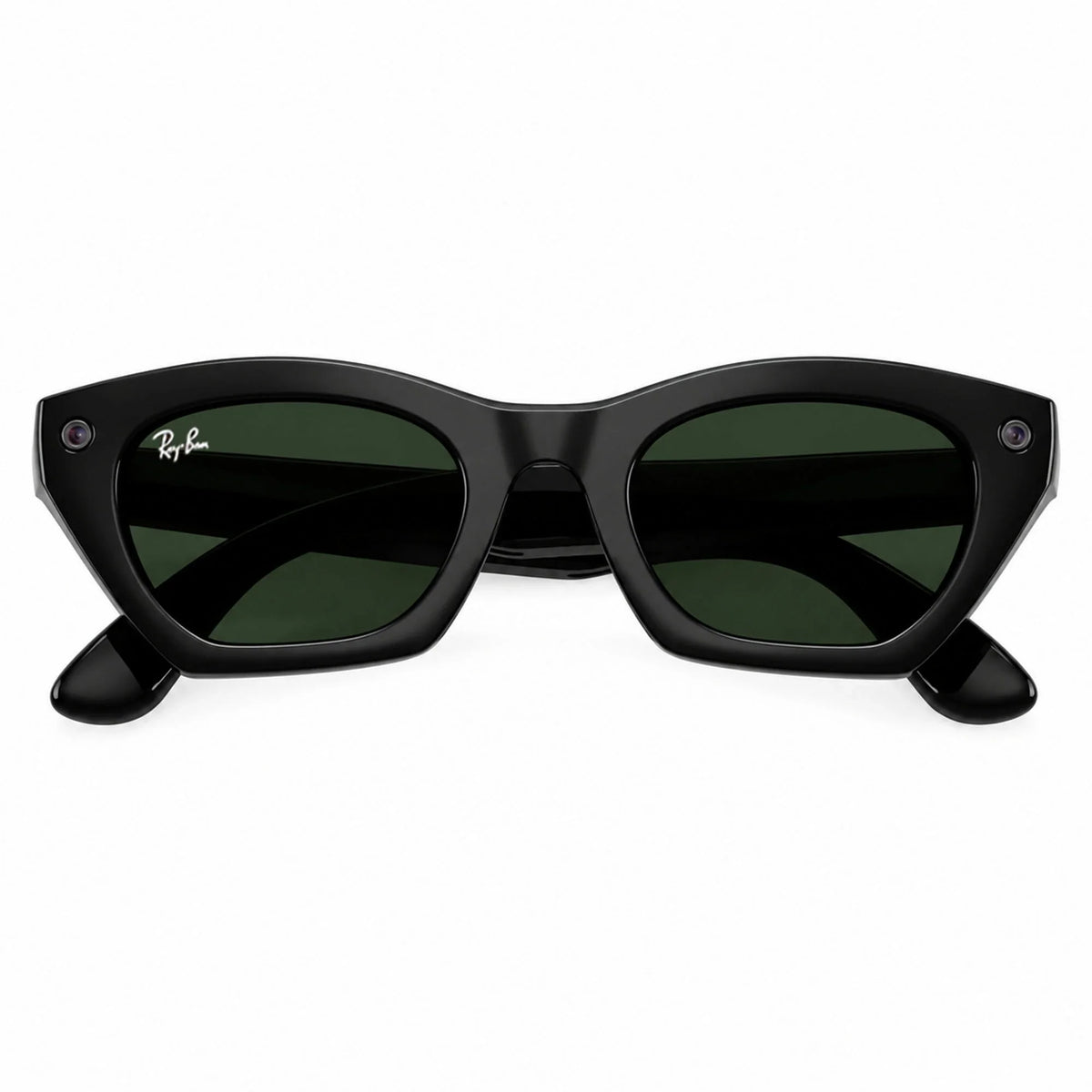 Ray-Ban Meta Zena Gen 3 smart glasses, Shiny Black frame with Transitions® Graphite Green lenses, folded front view, Ray-Ban lens logo