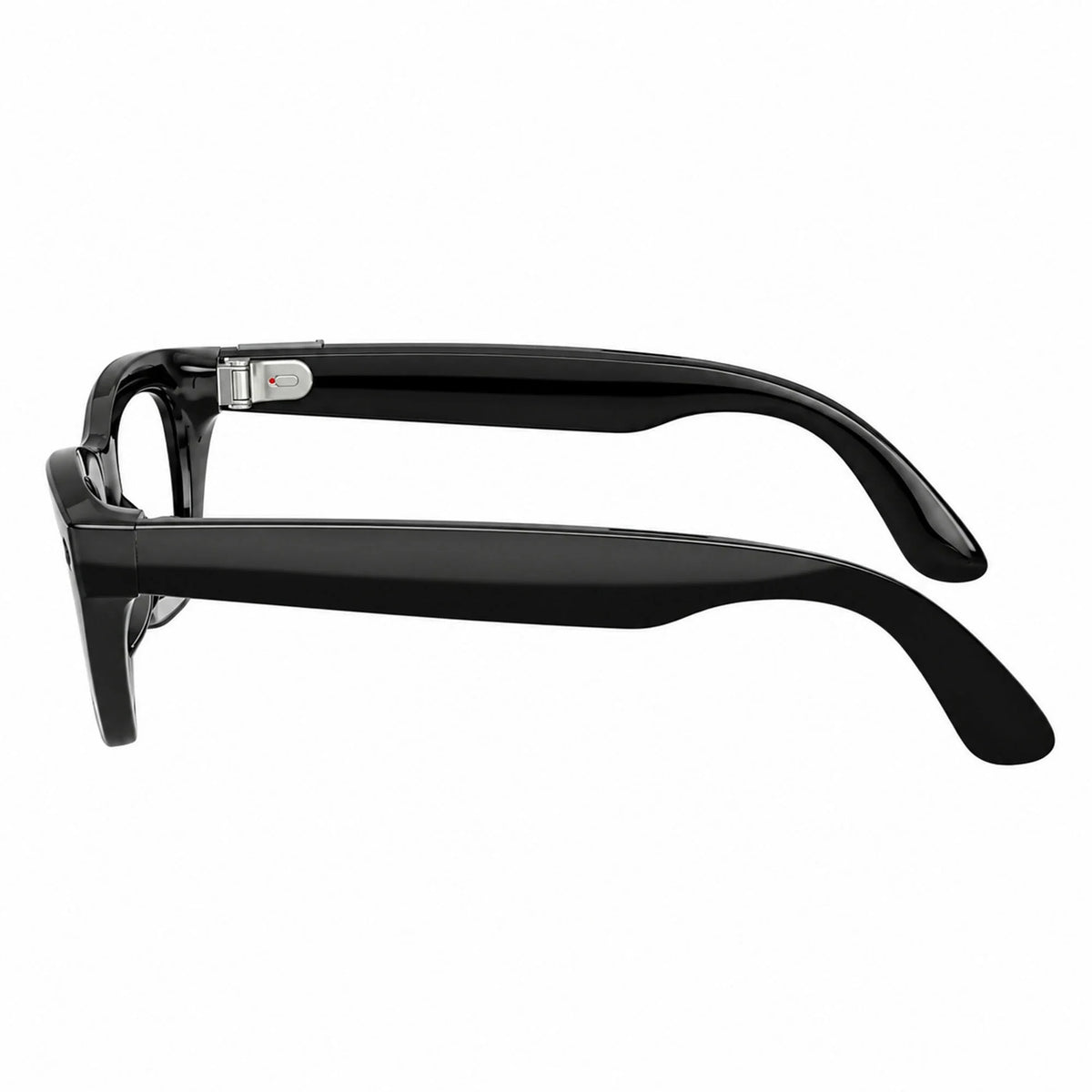 Ray-Ban Meta Zena Gen 3 smart glasses, Shiny Black frame with Transitions® Graphite Green lenses, side profile, Ray-Ban lens logo