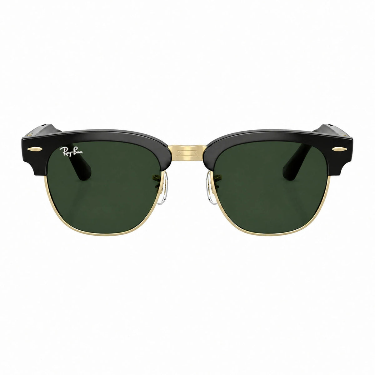 Ray-Ban Meta Clubmaster Audio glasses, Shiny Black on Gold frame with Green lenses, front view, Ray-Ban lens logo