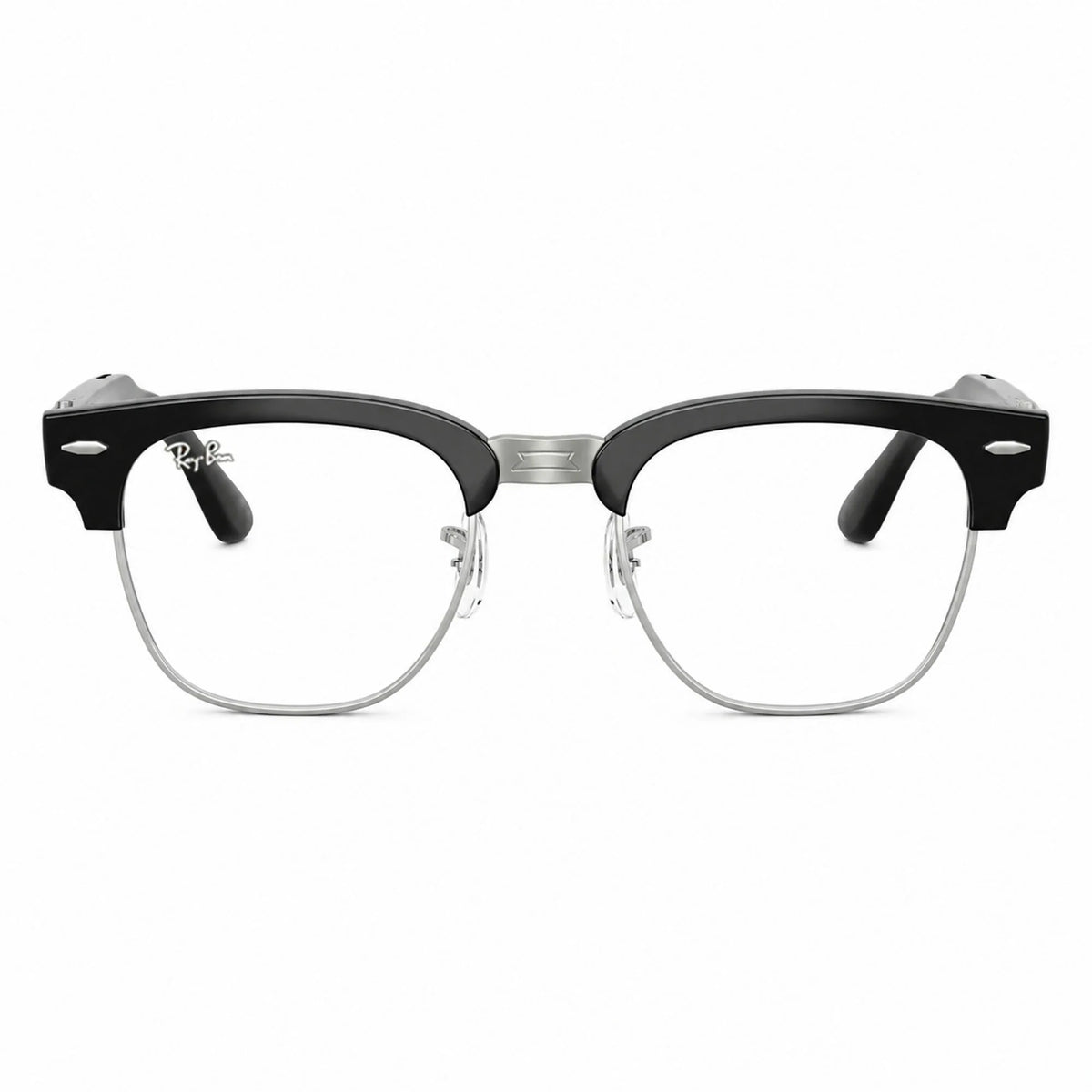 Ray-Ban Meta Clubmaster Audio glasses, Shiny Black frame with Clear lenses, front view, Ray-Ban lens logo
