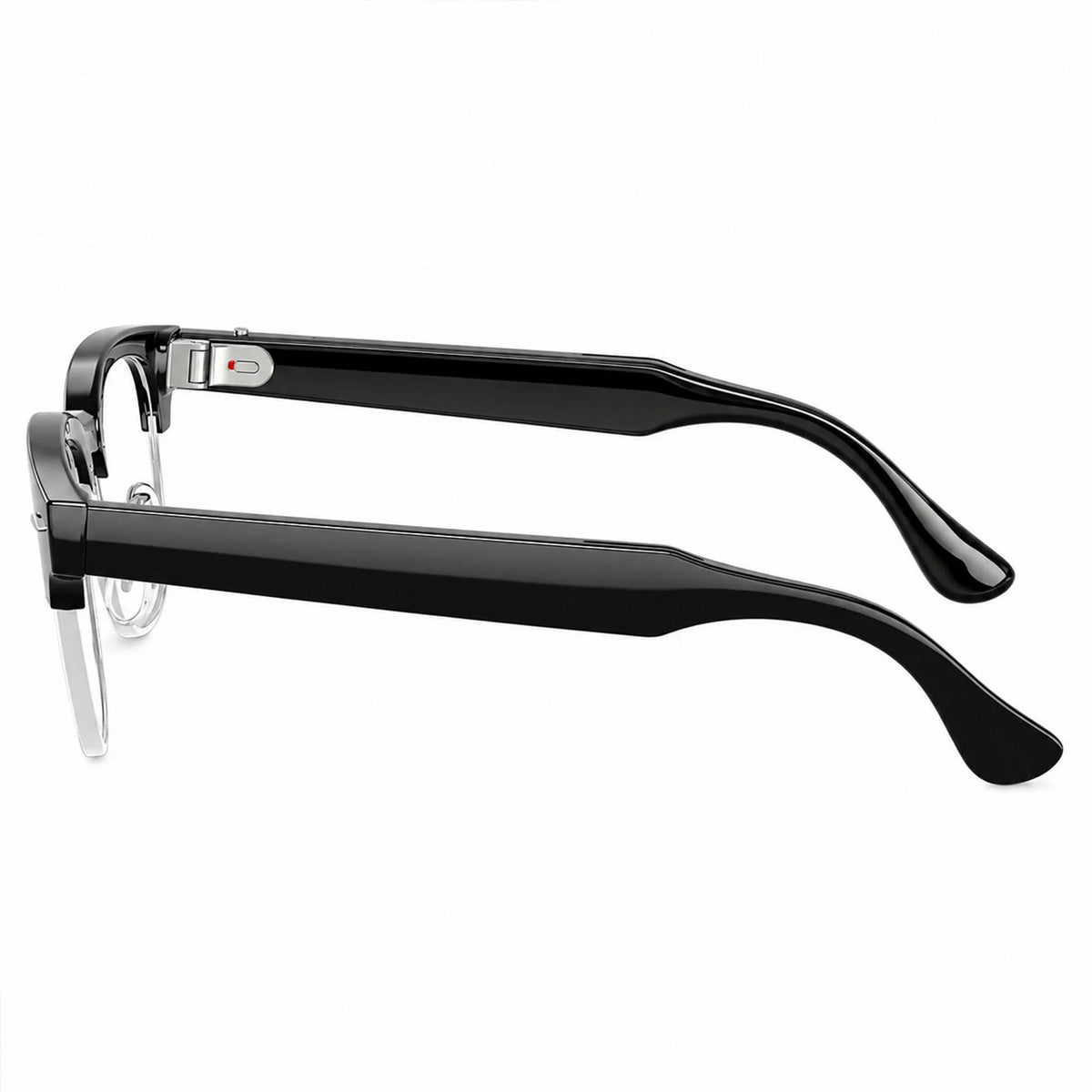 Ray-Ban Meta Clubmaster Audio glasses, Shiny Black frame with Clear lenses, side profile, Ray-Ban lens logo