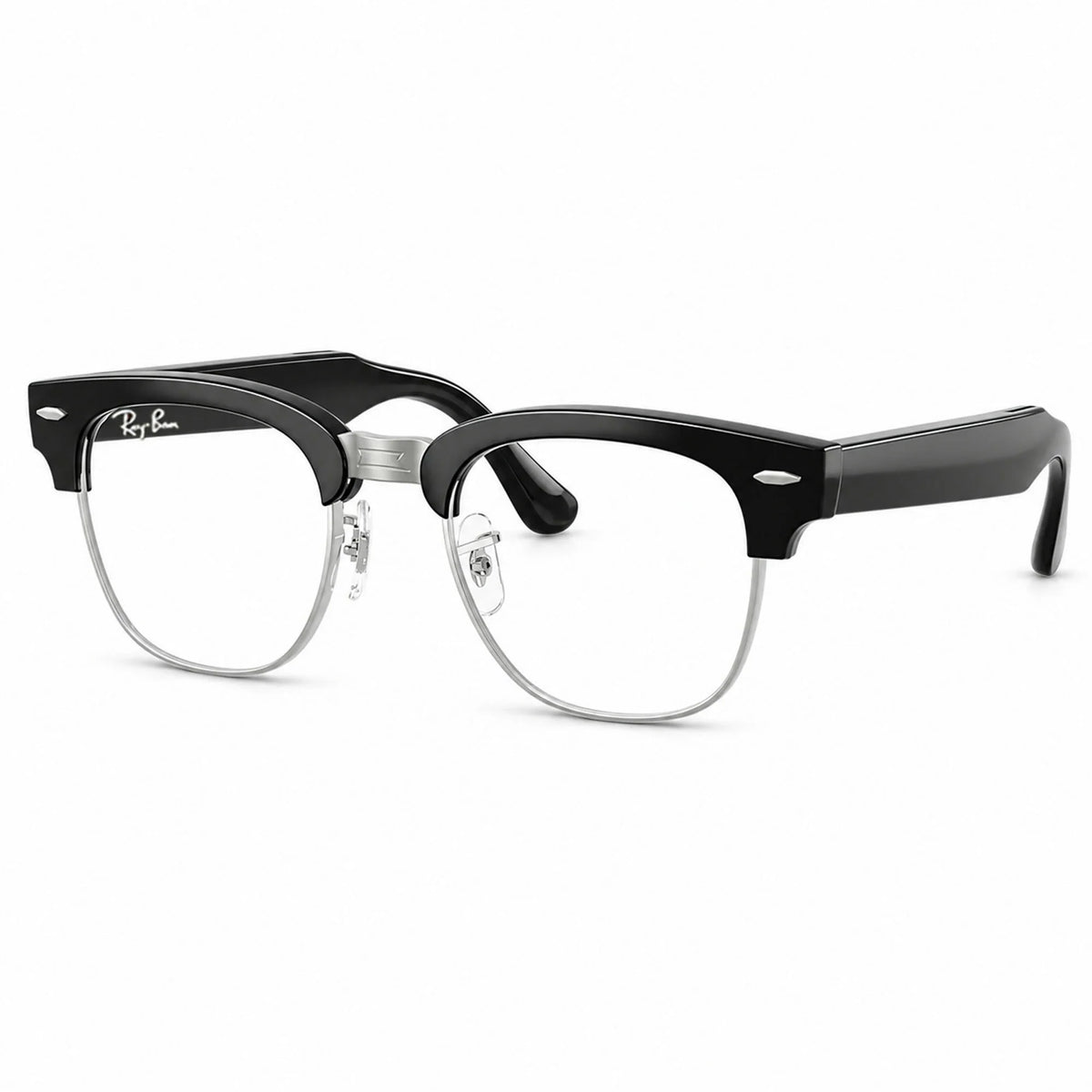Ray-Ban Meta Clubmaster Audio glasses, Shiny Black frame with Clear lenses, three-quarter view, Ray-Ban lens logo