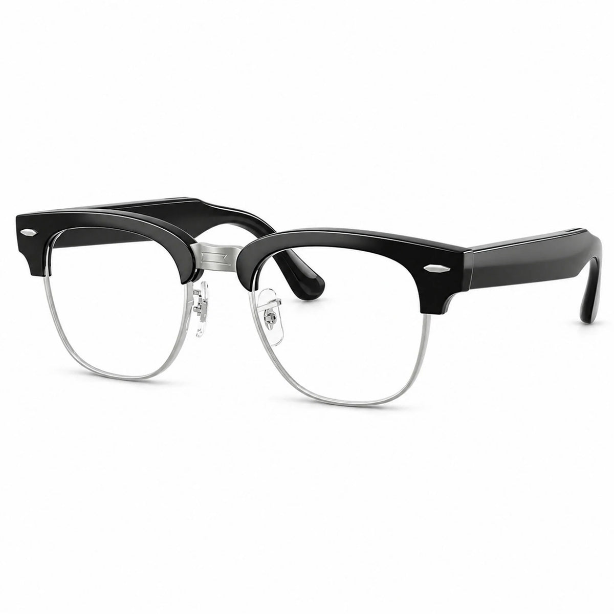 Ray-Ban Meta Clubmaster Audio glasses, Shiny Black frame with Clear lenses, three-quarter view