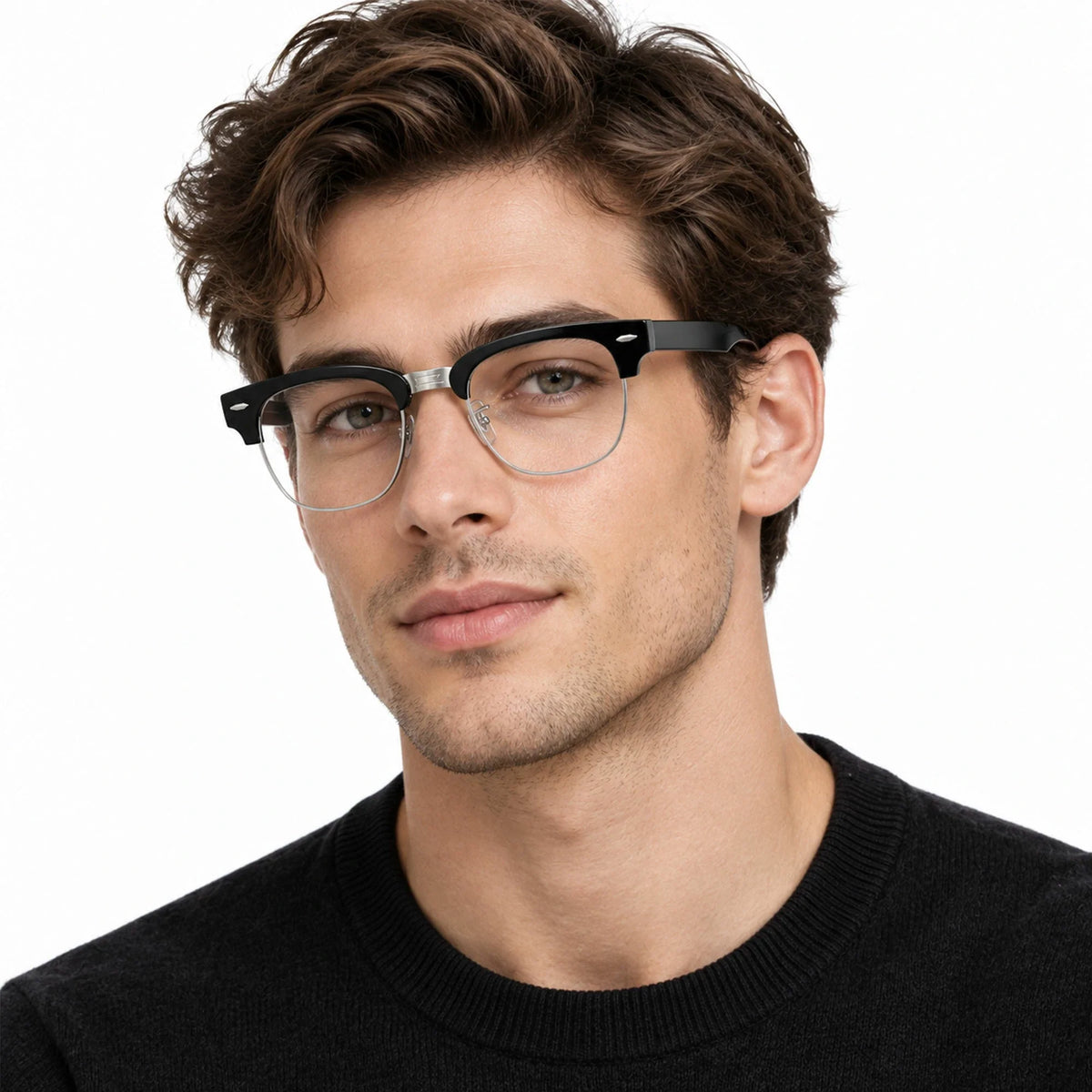 Ray-Ban Meta Clubmaster Audio glasses, Shiny Black frame with Clear lenses, worn on model