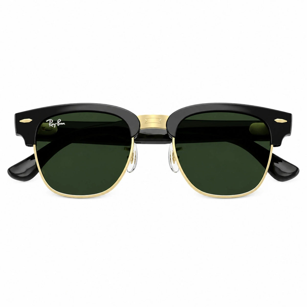 Ray-Ban Meta Clubmaster Audio glasses, Shiny Black on Gold frame with Green lenses, folded front view, Ray-Ban lens logo