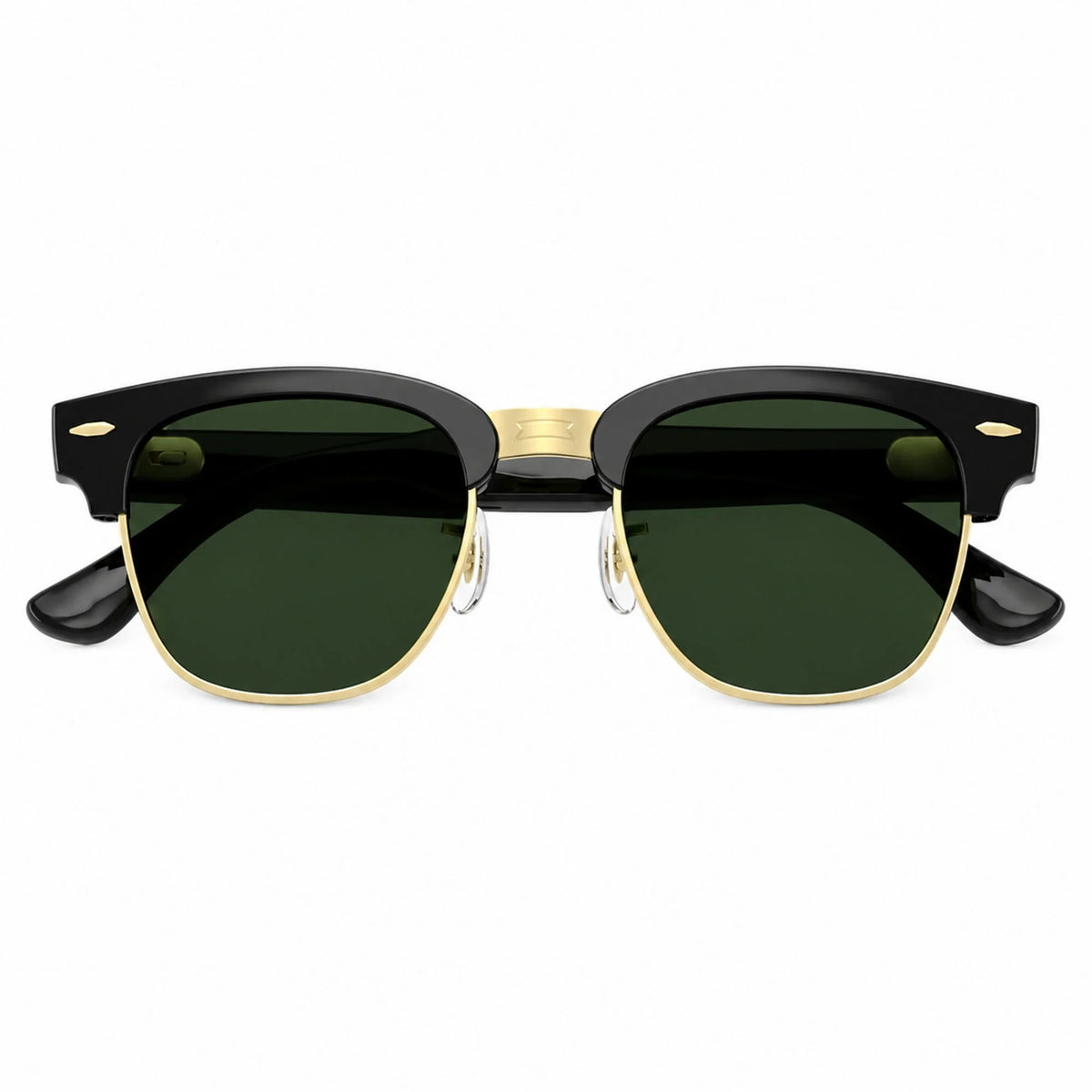 Ray-Ban Meta Clubmaster Audio glasses, Shiny Black on Gold frame with Green lenses, folded front view