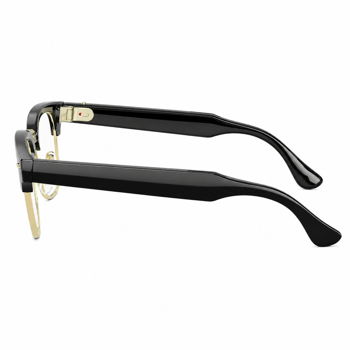 Ray-Ban Meta Clubmaster Audio glasses, Shiny Black on Gold frame with Green lenses, side profile, Ray-Ban lens logo