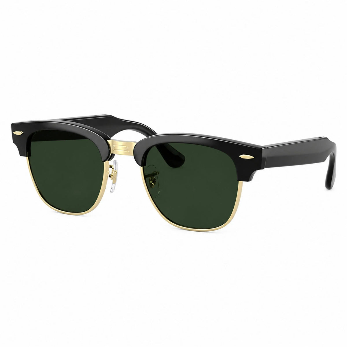 Ray-Ban Meta Clubmaster Audio glasses, Shiny Black on Gold frame with Green lenses, three-quarter view