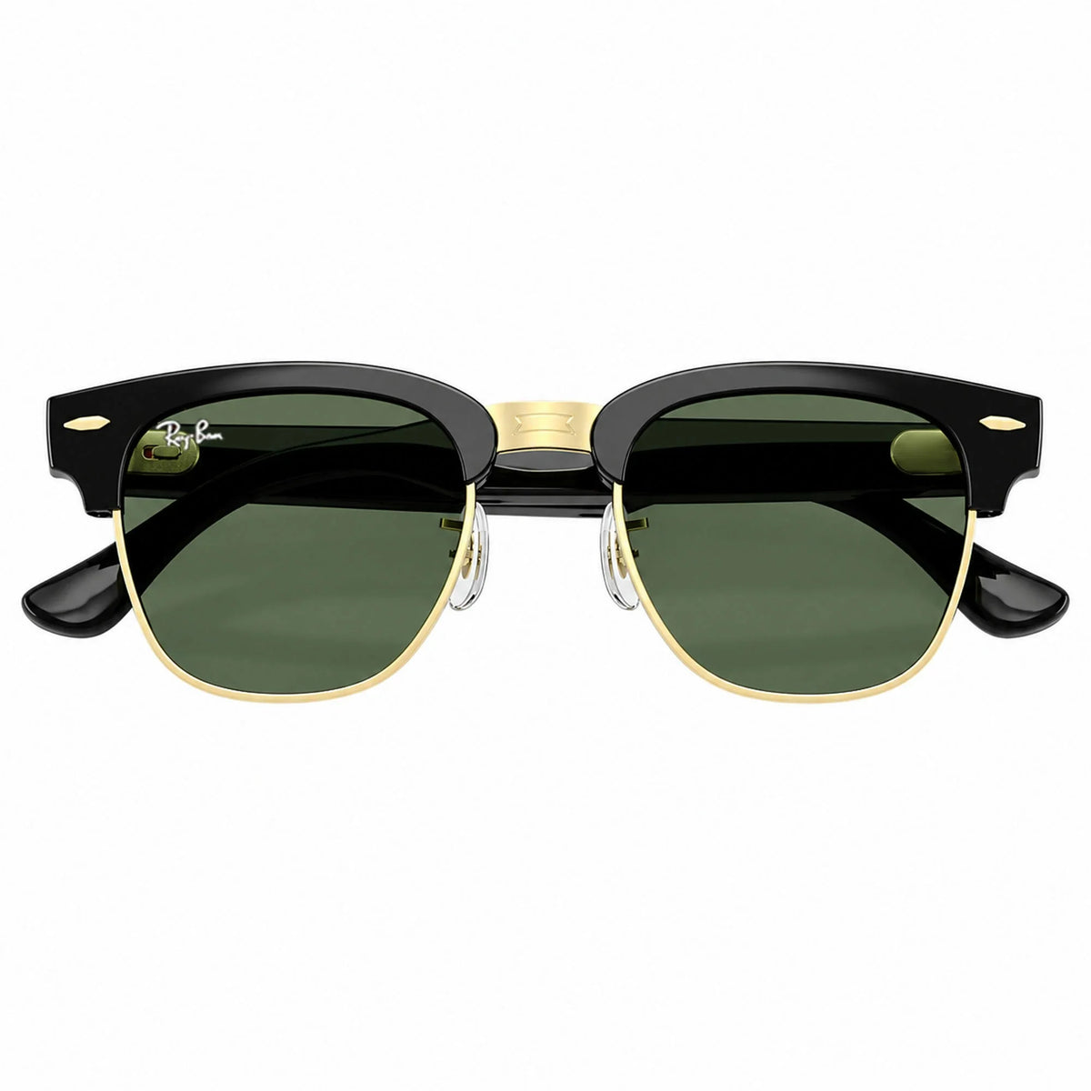 Ray-Ban Meta Clubmaster Audio glasses, Shiny Black on Gold frame with Transitions® Graphite Green lenses, folded front view, Ray-Ban lens logo