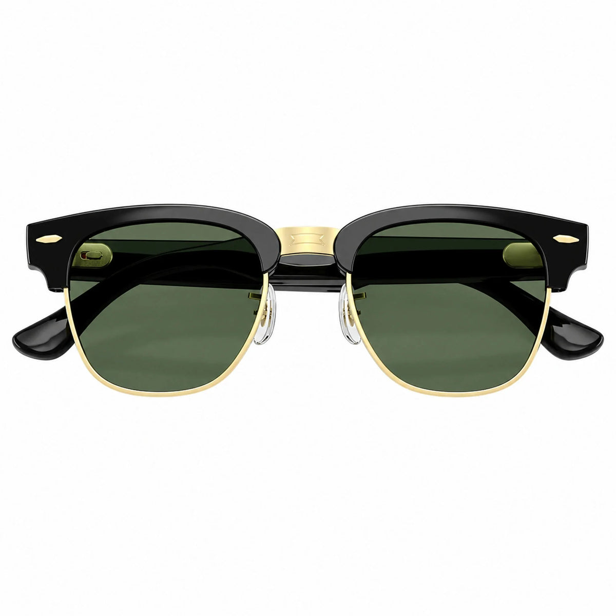 Ray-Ban Meta Clubmaster Audio glasses, Shiny Black on Gold frame with Transitions® Graphite Green lenses, folded front view