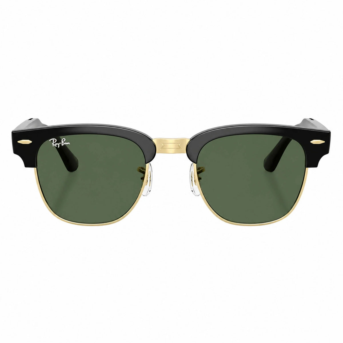Ray-Ban Meta Clubmaster Audio glasses, Shiny Black on Gold frame with Transitions® Graphite Green lenses, front view, Ray-Ban lens logo