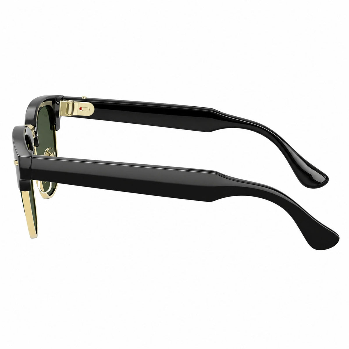 Ray-Ban Meta Clubmaster Audio glasses, Shiny Black on Gold frame with Transitions® Graphite Green lenses, side profile, Ray-Ban lens logo