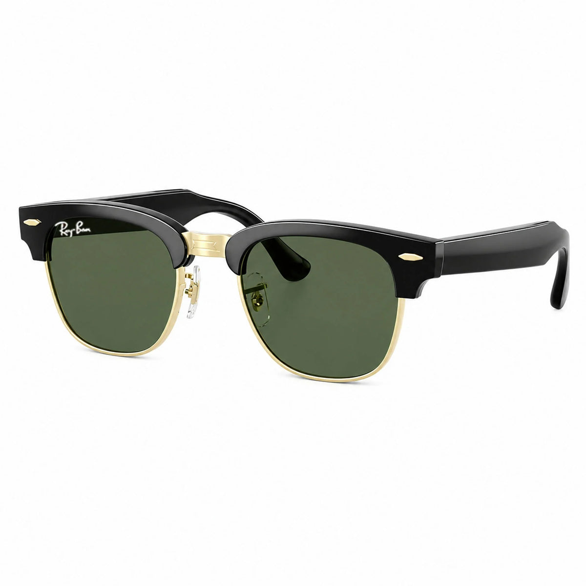 Ray-Ban Meta Clubmaster Audio glasses, Shiny Black on Gold frame with Transitions® Graphite Green lenses, three-quarter view, Ray-Ban lens logo