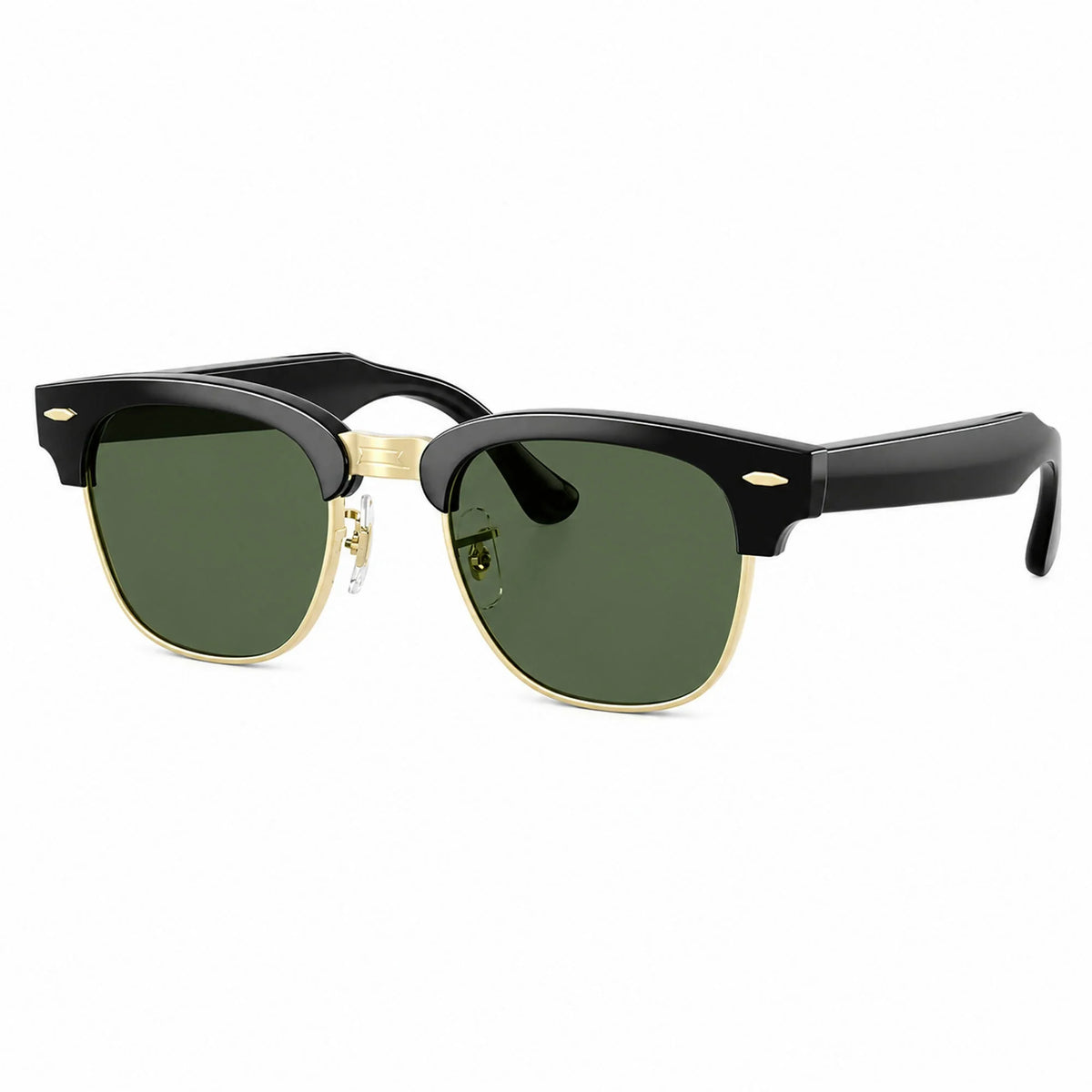 Ray-Ban Meta Clubmaster Audio glasses, Shiny Black on Gold frame with Transitions® Graphite Green lenses, three-quarter view