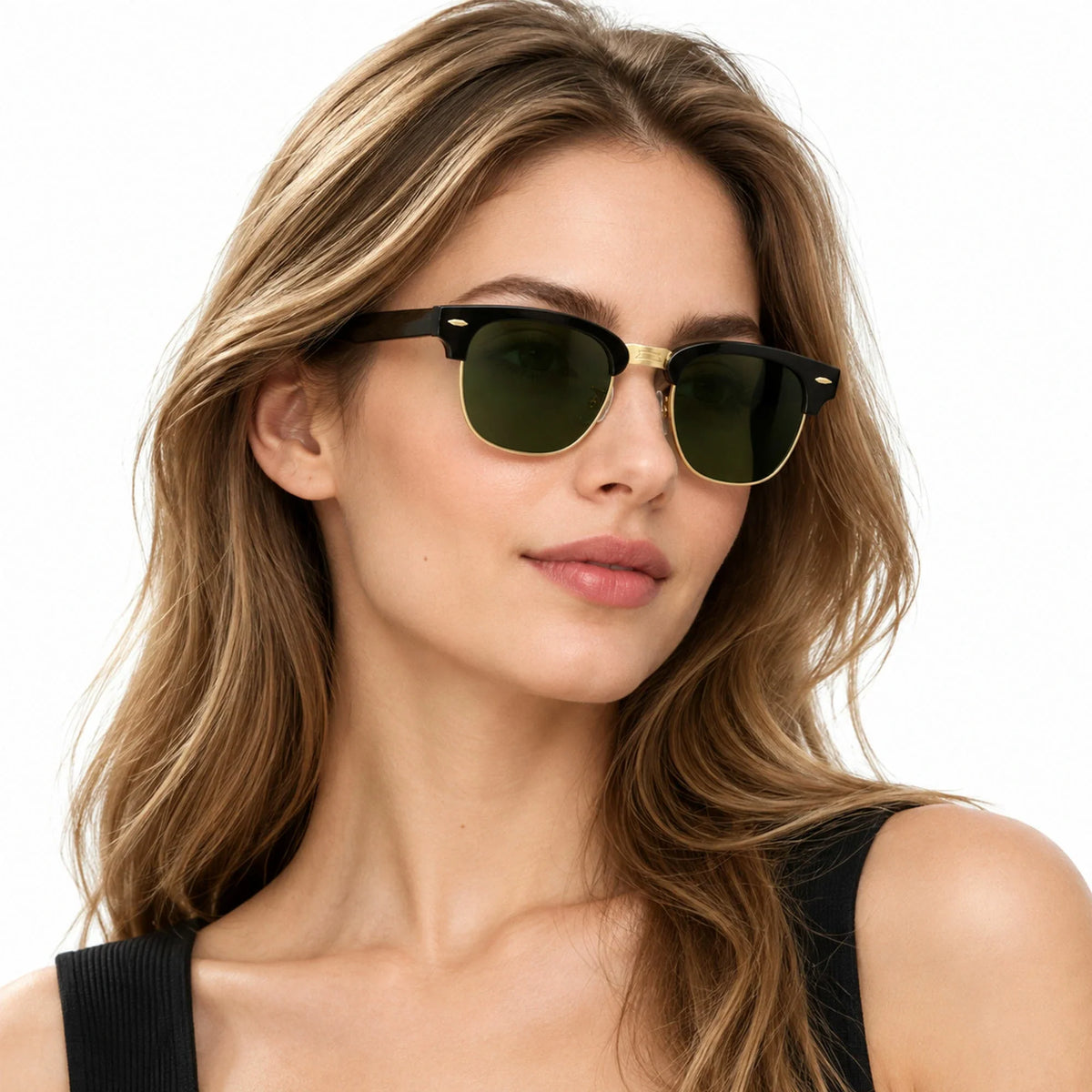Ray-Ban Meta Clubmaster Audio glasses, Shiny Black on Gold frame with Transitions® Graphite Green lenses, worn on model