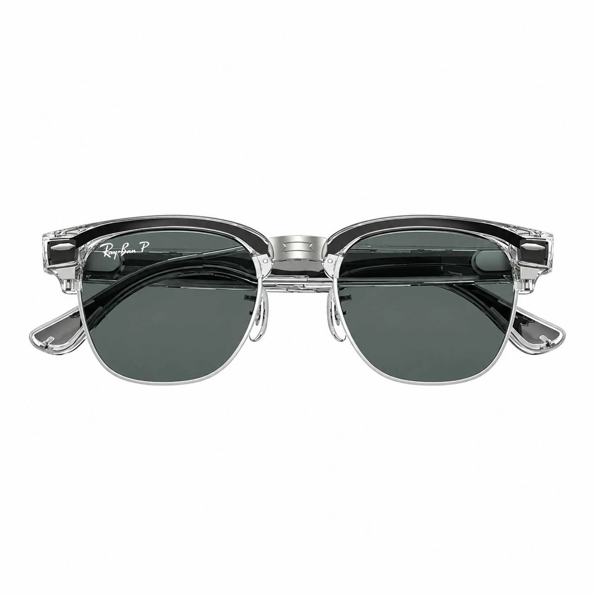 Ray-Ban Meta Clubmaster Audio glasses, Transparent Iron Grey frame with Grey lenses, folded front view, Ray-Ban lens logo