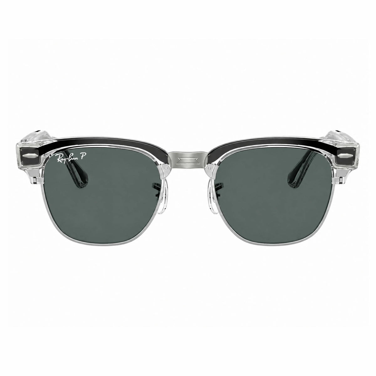 Ray-Ban Meta Clubmaster Audio glasses, Transparent Iron Grey frame with Grey lenses, front view, Ray-Ban lens logo