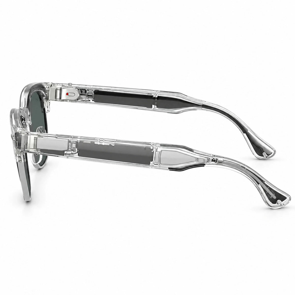 Ray-Ban Meta Clubmaster Audio glasses, Transparent Iron Grey frame with Grey lenses, side profile, Ray-Ban lens logo