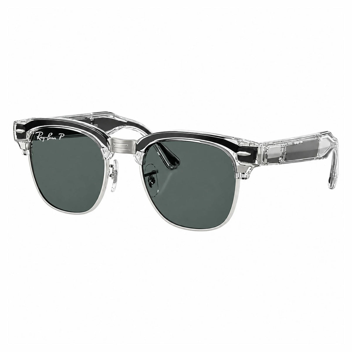 Ray-Ban Meta Clubmaster Audio glasses, Transparent Iron Grey frame with Grey lenses, three-quarter view, Ray-Ban lens logo
