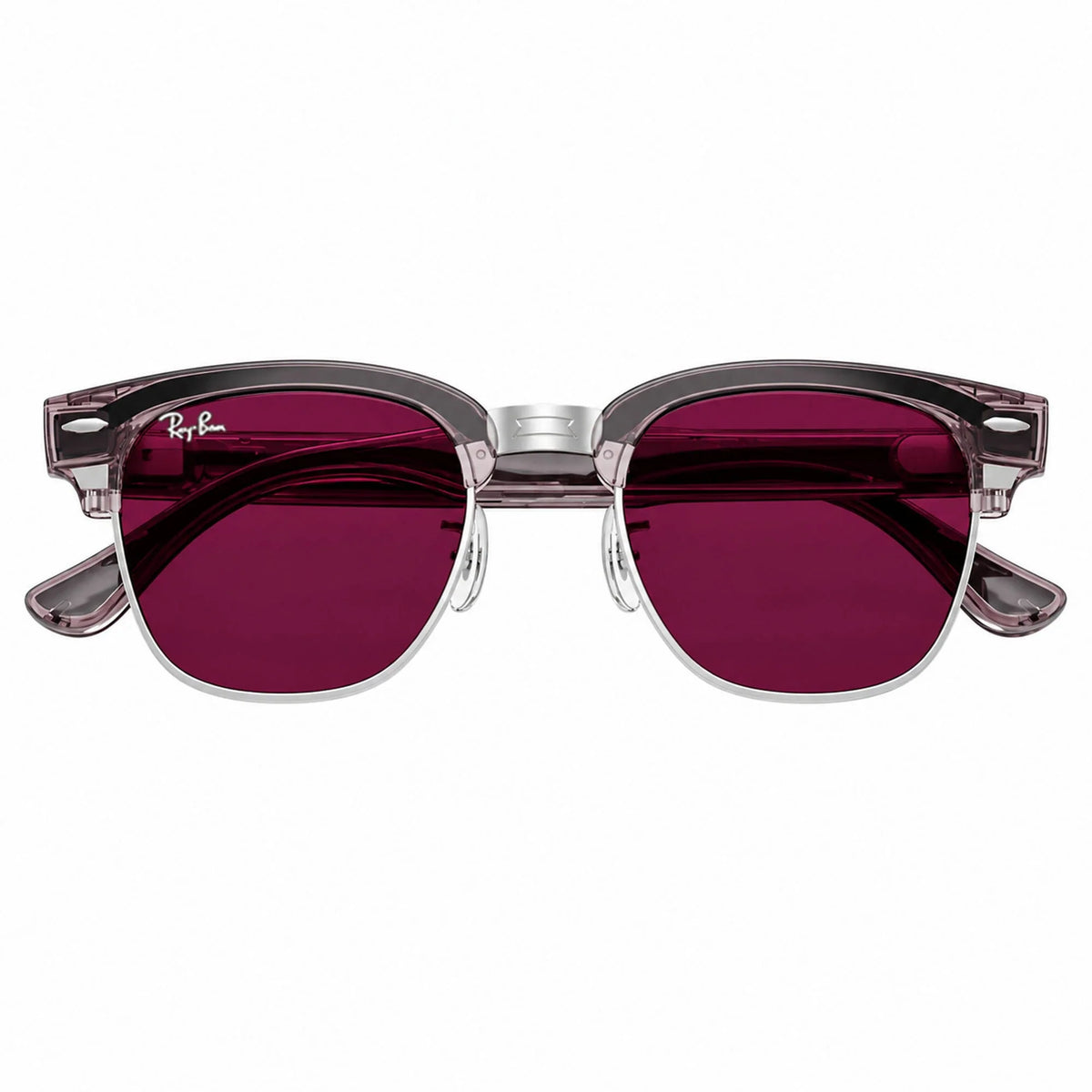 Ray-Ban Meta Clubmaster Audio glasses, Transparent Orchid frame with Transitions® Ruby lenses, folded front view, Ray-Ban lens logo