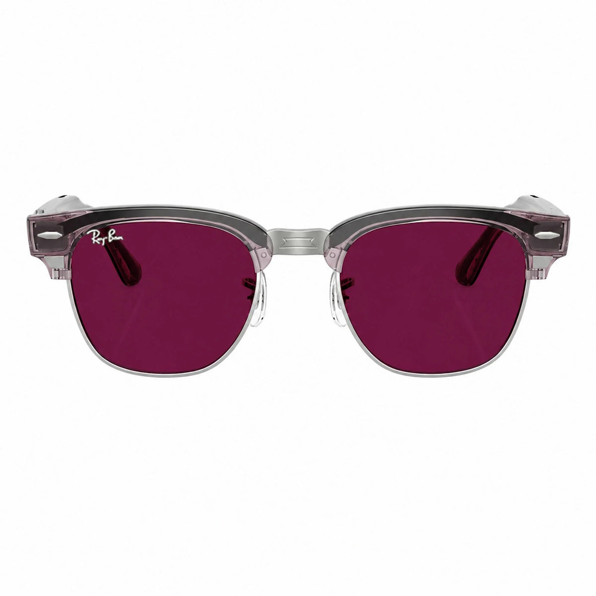 Ray-Ban Meta Clubmaster Audio glasses, Transparent Orchid frame with Transitions® Ruby lenses, front view, Ray-Ban lens logo