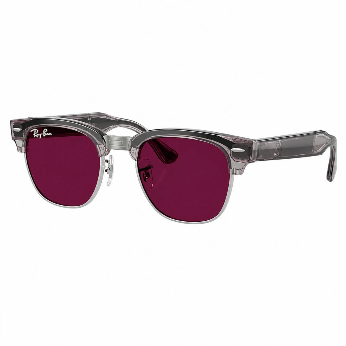 Ray-Ban Meta Clubmaster Audio glasses, Transparent Orchid frame with Transitions® Ruby lenses, three-quarter view, Ray-Ban lens logo