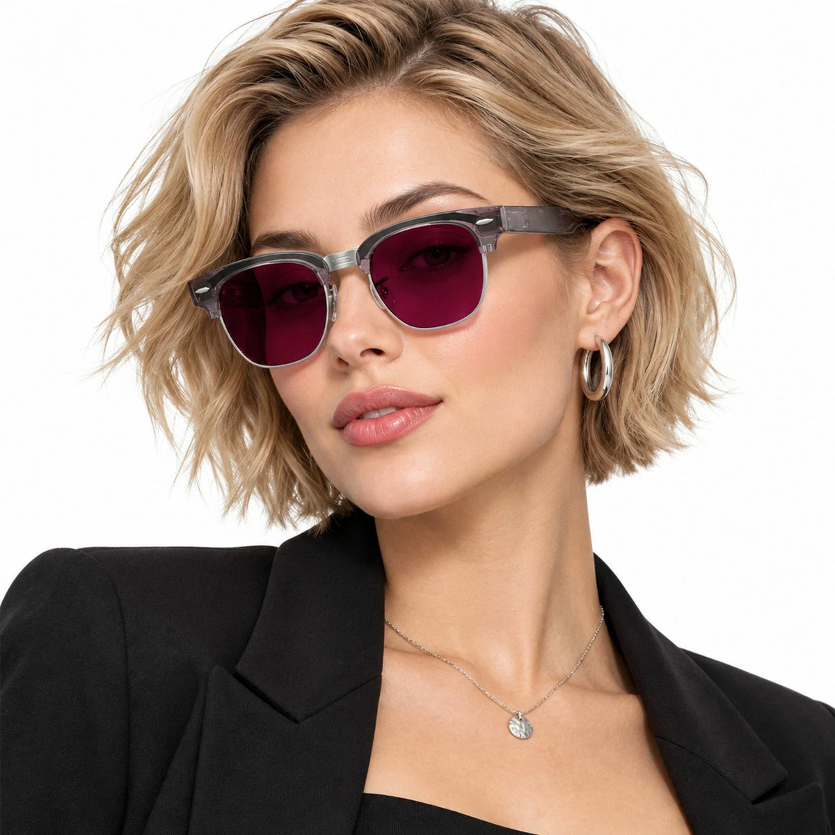 Ray-Ban Meta Clubmaster Audio glasses, Transparent Orchid frame with Transitions® Ruby lenses, worn on model