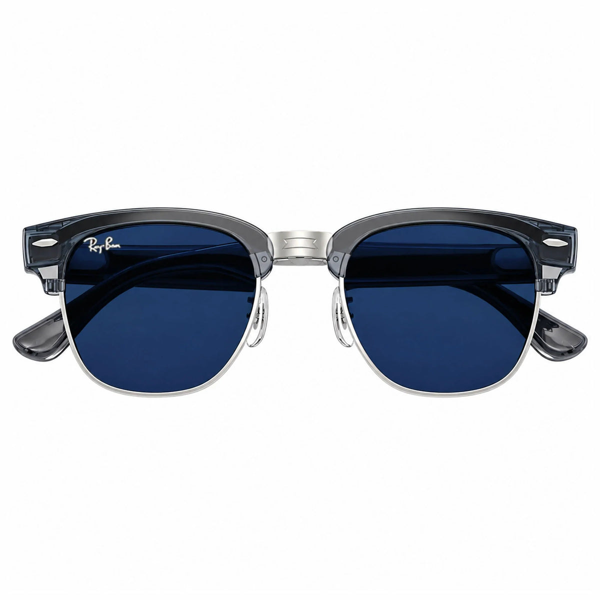 Ray-Ban Meta Clubmaster Audio glasses, Transparent Sky Blue frame with Transitions® Sapphire lenses, folded front view, Ray-Ban lens logo