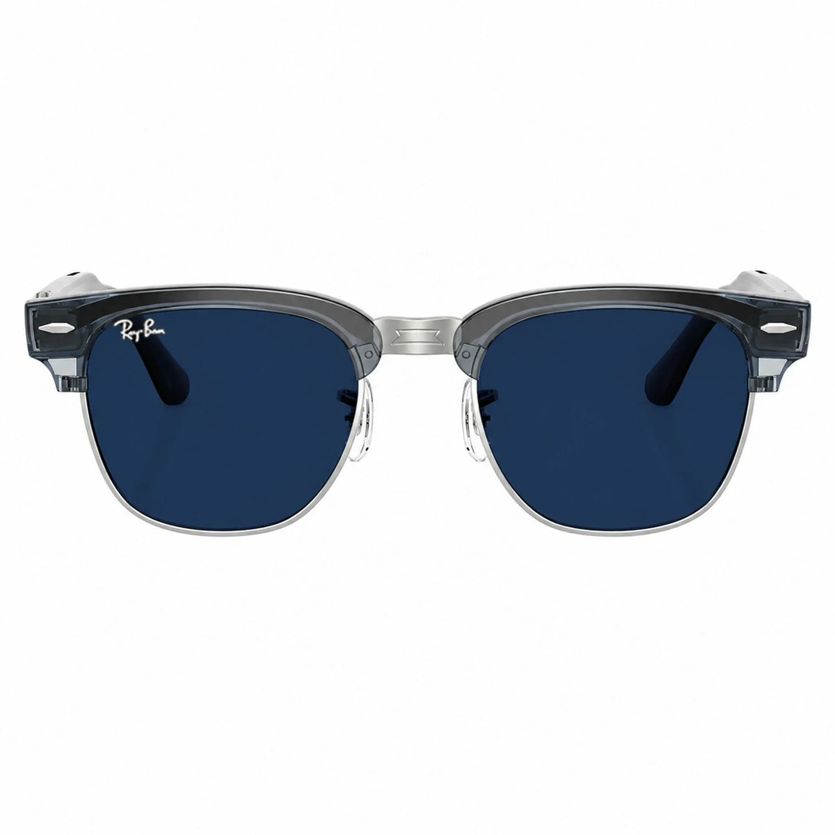 Ray-Ban Meta Clubmaster Audio glasses, Transparent Sky Blue frame with Transitions® Sapphire lenses, front view, Ray-Ban lens logo