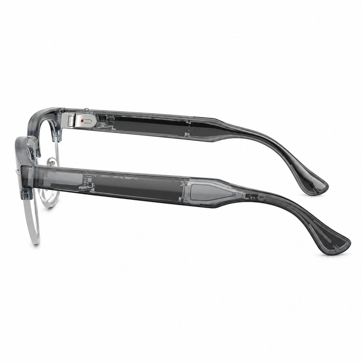 Ray-Ban Meta Clubmaster Audio glasses, Transparent Sky Blue frame with Transitions® Sapphire lenses, side profile, Ray-Ban lens logo