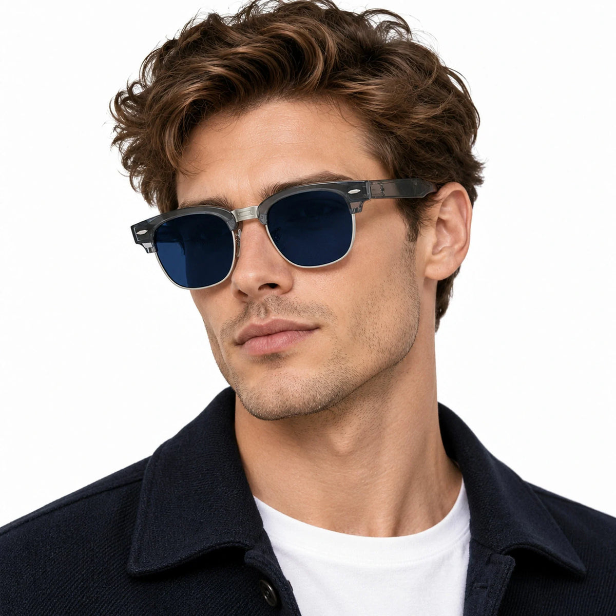 Ray-Ban Meta Clubmaster Audio glasses, Transparent Sky Blue frame with Transitions® Sapphire lenses, worn on model