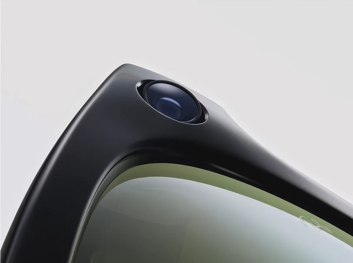 Close-up of the camera built into the corner of a Ray-Ban Meta frame