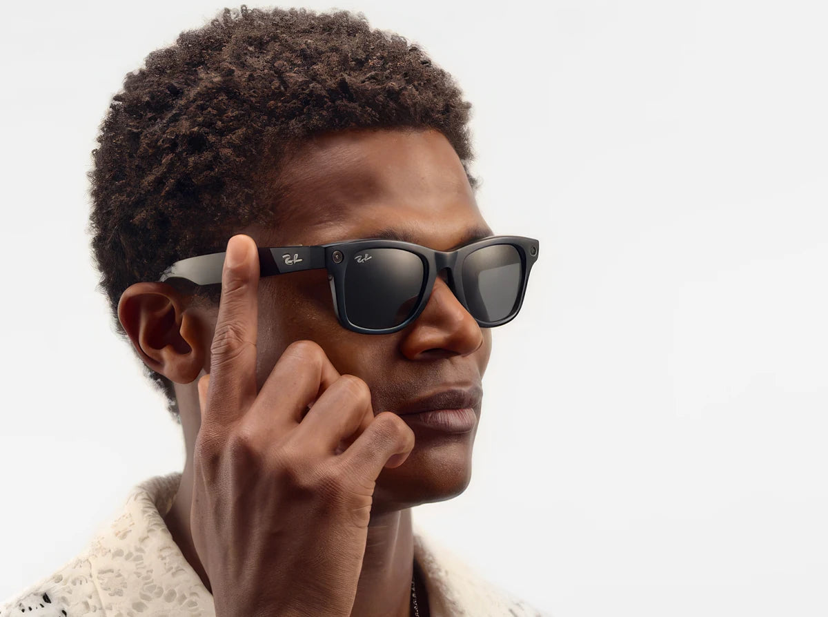 A person touching the arm of their Ray-Ban Meta glasses