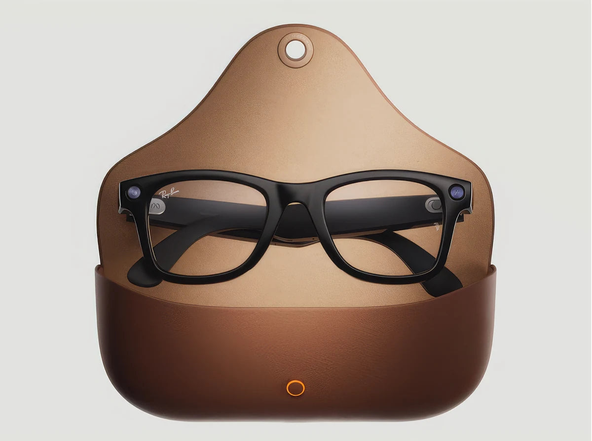 Ray-Ban Meta glasses in their brown charging case
